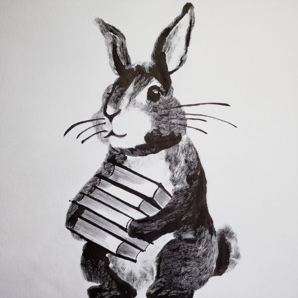 un conejo con muchos libros en las manos